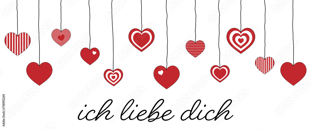 Ich liebe dich - Schriftzug in deutscher Sprache. Liebesbotschaft mit hängenden Herzen. - obrazy, fototapety, plakaty 