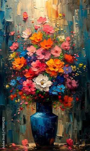 Vase with a bouquet of colorful flowers on the background of an oil painting.