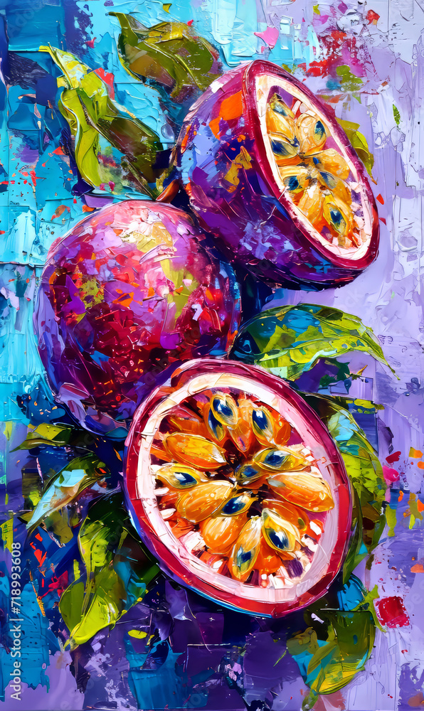 Passion fruit on a background of colored watercolor paints.