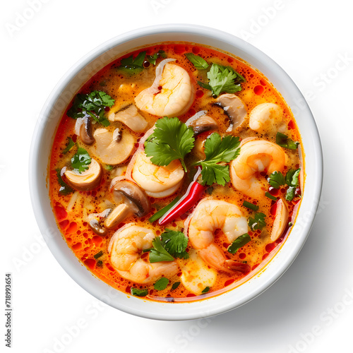 Thai food. Tom yam soup top view isolated on white
