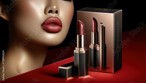 Elegant red lipstick beside full lips on a model, showcasing beauty and makeup on a red backdrop.
Generative ai