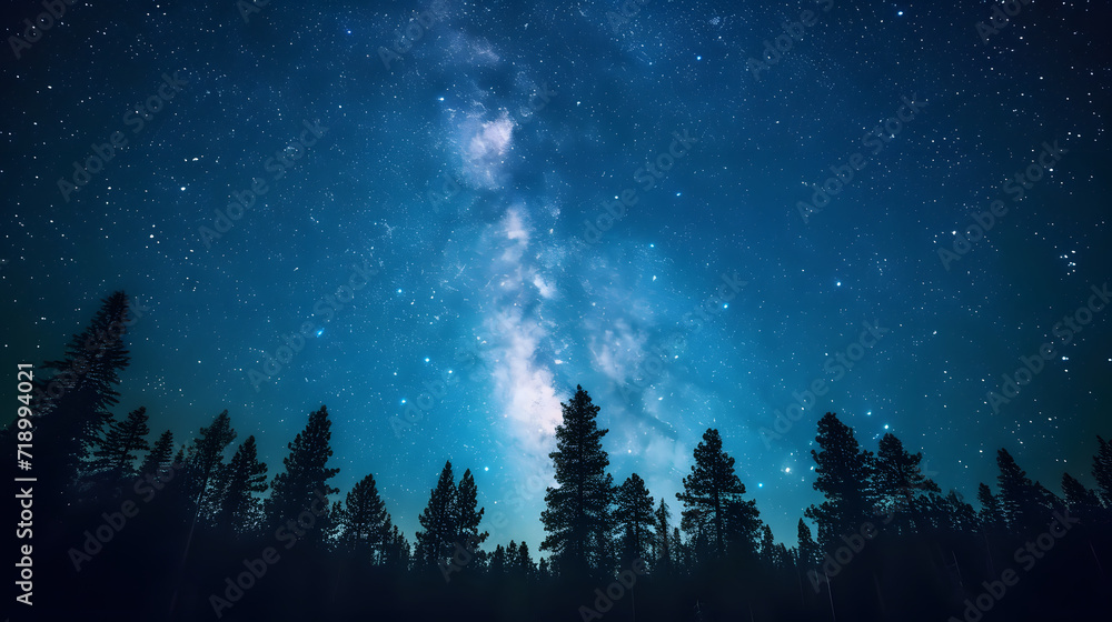 Naklejka premium Nature's Nighttime Symphony: Milky Way and Tranquil Forest in Harmony