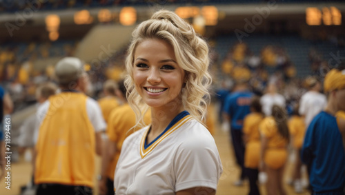 Bellissima cheerleader sorride prima di una partita di basket in un palazzetto americano photo