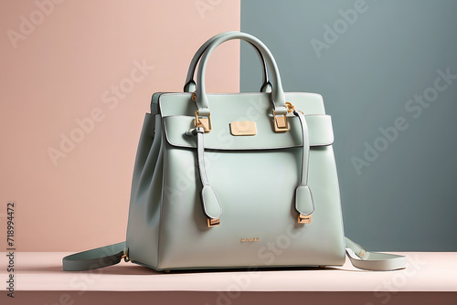 A Stylish Woman's Accessory - Pink and Light Blue Handbag, Radiating Luxury on an Isolated Pink and Blue Canvas.