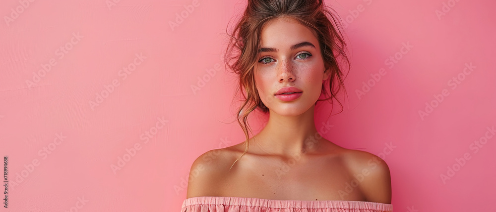 a italian woman standing in casual chic summer clothes, isolated on a pink plain background, studio lighting, with empty copy space