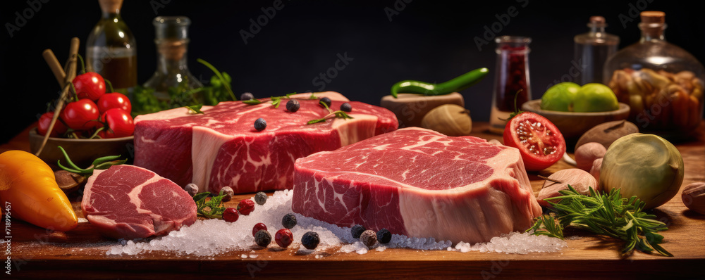 Amazing raw beef steak on wooden board with vegetables, spices and cooking ingredients.
