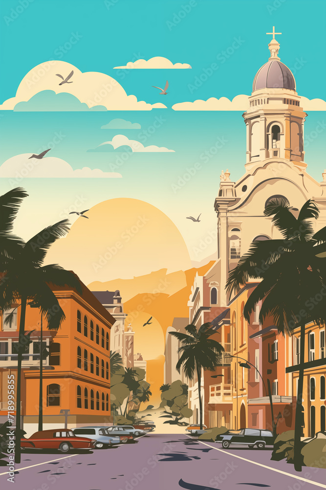 Retro style poster of tropical city with old buildings