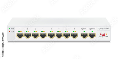 The ethernet switch for mounting with 10 ports, Gigabit Port. Network and ethernet cable with network switch. RJ45 Modular plugs for solid Cat5, Cat5e, CAT6 Ethernet Cable connecters. photo