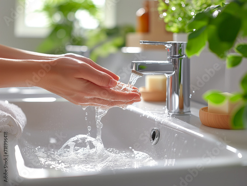 Hand washing over the sink with the screen on in the bright bathroom.