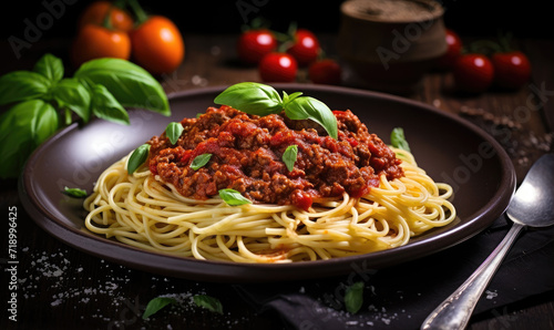 Traditional pasta spaghetti bolognese in plate on wooden table dark background