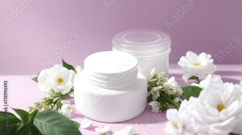 Cosmetic cream with flowers on color background  closeup. Beauty treatment