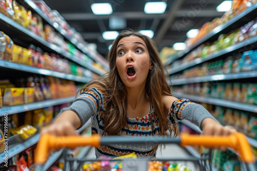 Young surprised woman with cart in supermarket, selective focus