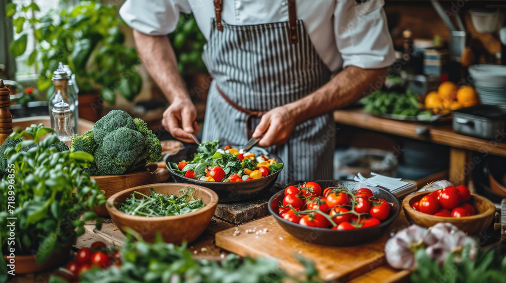 Obraz premium The chef is preparing a dish of vegetables, close-up.