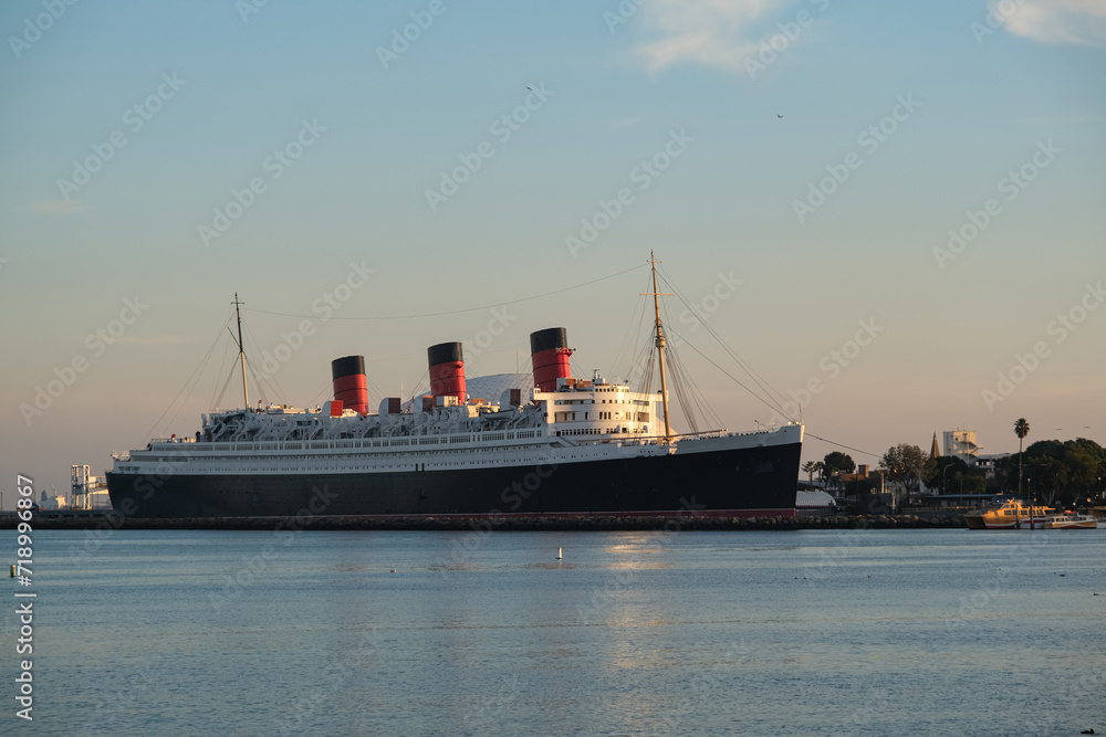 World famous tourist destination and historic ocean liner cruiseship cruise museum ship hotel in port of Long Beach, California USA