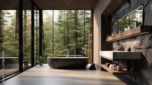 Modern bathroom with a large window in the woods. Luxury architecture © Iván Berrocal