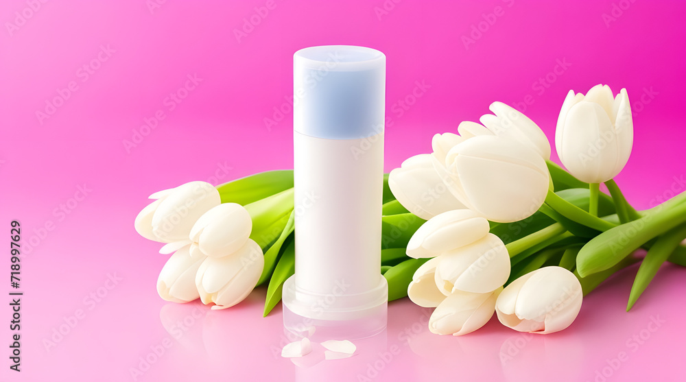 White tulips and cosmetic cream on a pink background. Beauty concept White tulips and cosmetic cream on a pink background. Beauty concept