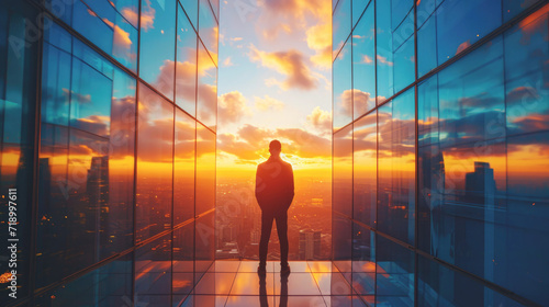 Entrepreneur at pinnacle of skyscraper, city skyline, sunset hues. Success, business, investment concept. photo