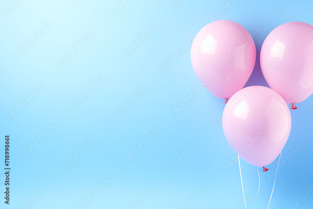 Three pink balloons on the blue background with a copyspace 