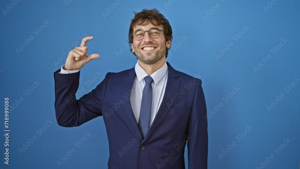 Confident young man in business suit gestures small size sign with hand, embodying the measure concept against isolated blue background Confident young man in business suit gestures small size sign with hand, embodying the measure concept against isolated blue background