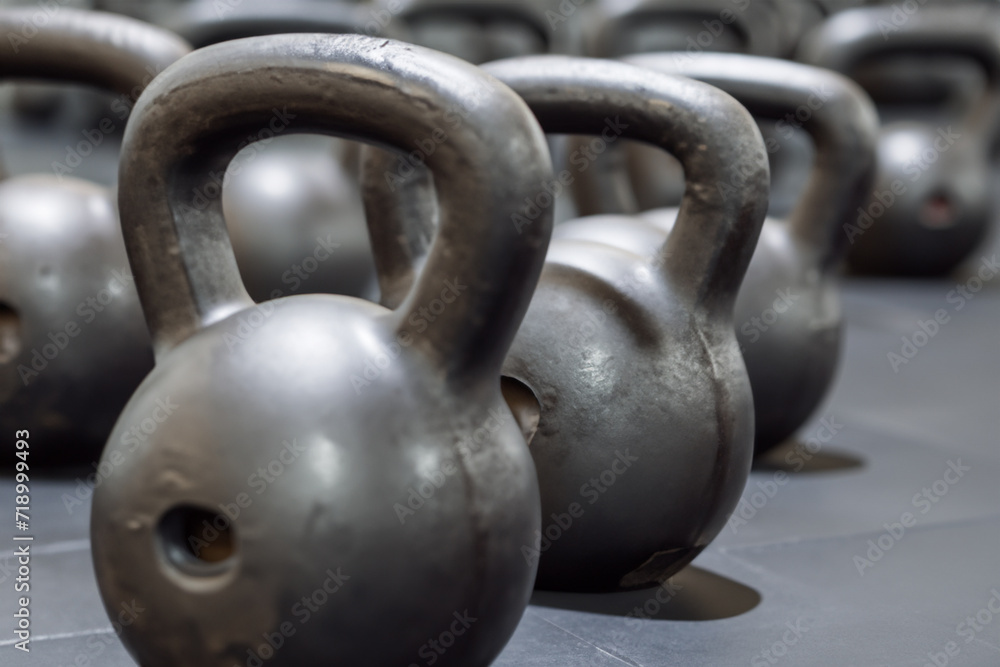 gym. There are a large number of heavy black weights close-up on the gray floor, sports concept
