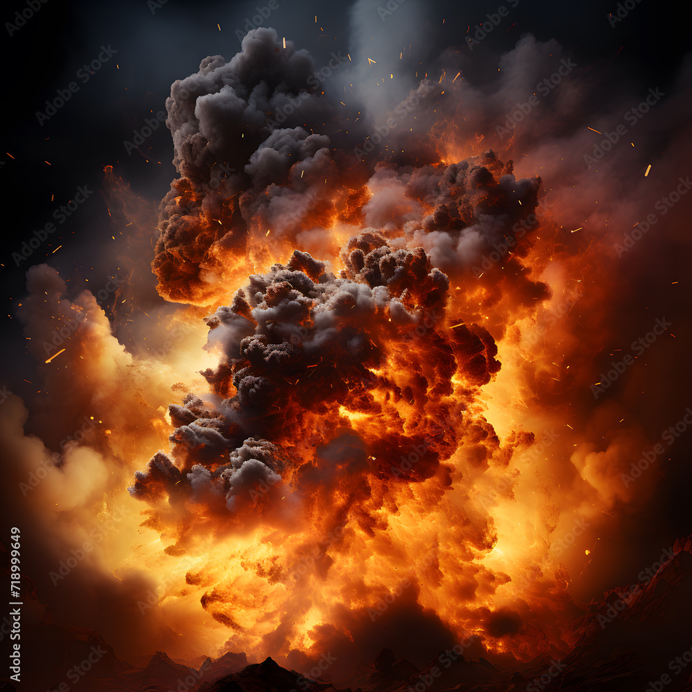 Large fireball with black smoke. fiery explosion with smoke