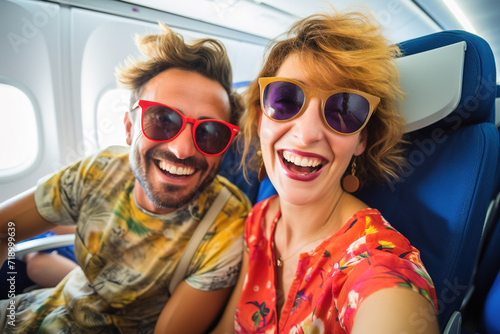 Happy tourist taking selfie inside airplane © Davide Angelini