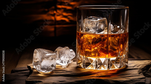 glass of whiskey on ice with a wooden background