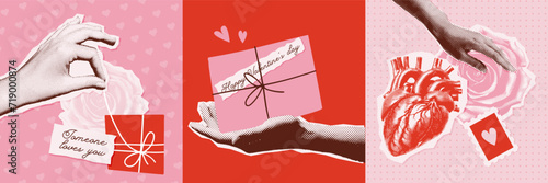 Trendy Halftone Collage cards set with halftone Female Hands. Social media covers with hands holding, giving, unboxing gift. Contemporary art magazine style. Vector illustration