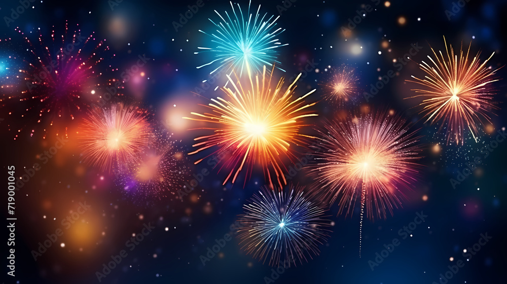 Naklejka premium Beautiful fireworks background at night for holiday decoration