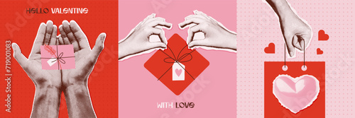 Happy Valentine s day trendy vintage cards set. Hands holding and giving gifts. Contemporary art halftone collage for Valentine's Day. Vector illustration. Modern design with cut out halftone arms