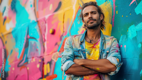 Confident male artist in a paint-splattered denim jacket standing before a vibrant graffiti background