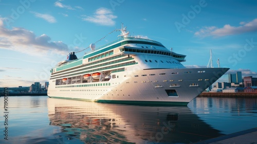 A modern, white cruise ship near the pier, side view. Travel and vacation
