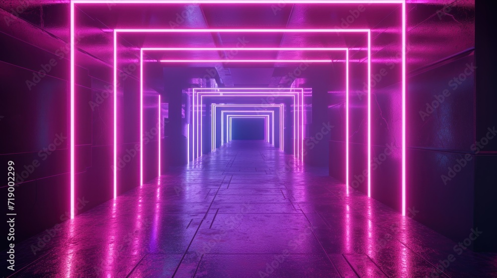 3D rendering, ultraviolet neon square portal, glowing lines, tunnel, walkway, purple, arch, laser show, night light. 3D rendering, ultraviolet neon square portal, glowing lines, tunnel, walkway, purple, arch, laser show, night light.