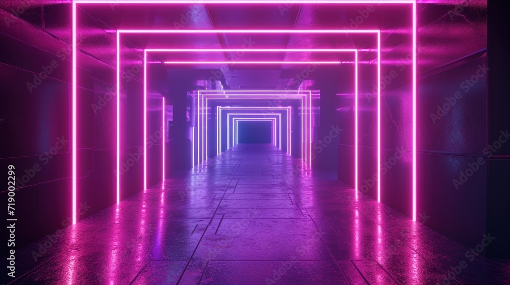 3D rendering, ultraviolet neon square portal, glowing lines, tunnel, walkway, purple, arch, laser show, night light.