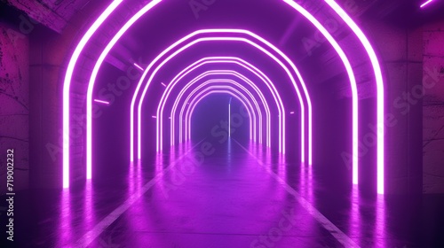 3D rendering  ultraviolet neon square portal  glowing lines  tunnel  walkway  purple  arch  laser show  night light.