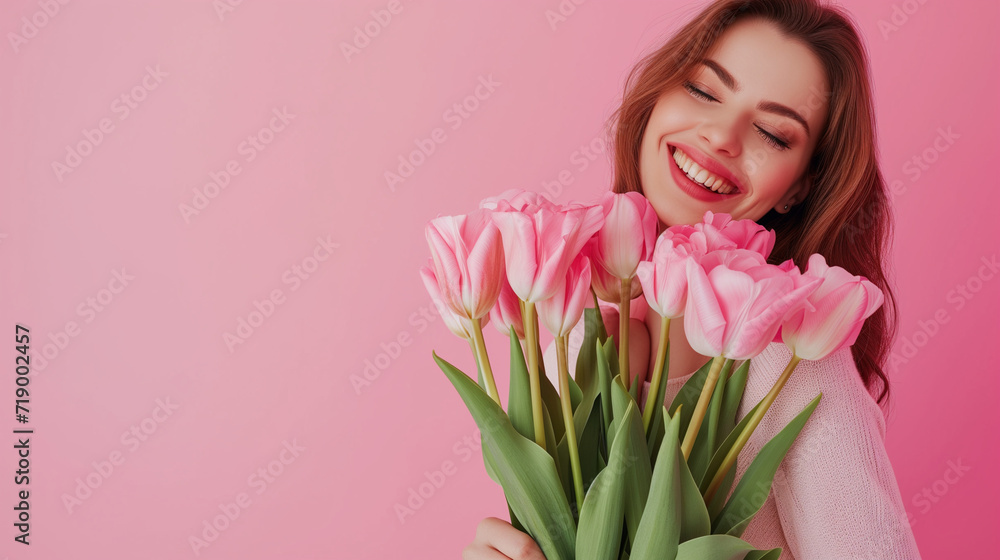 joyful woman with pink tulips and flowers on pink background joyful woman with pink tulips and flowers on pink background