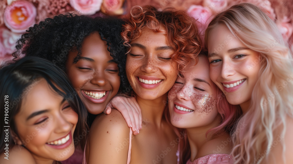 diverse women group hugging, social photography with pink and gold details