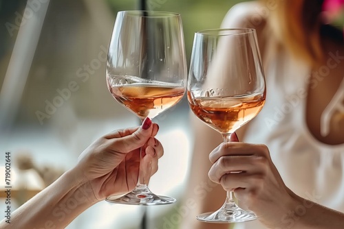 Unrecognizeable Two women hand hold rose wine cheers and celebrating