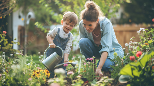 mother and son gardening together. mothers day concept