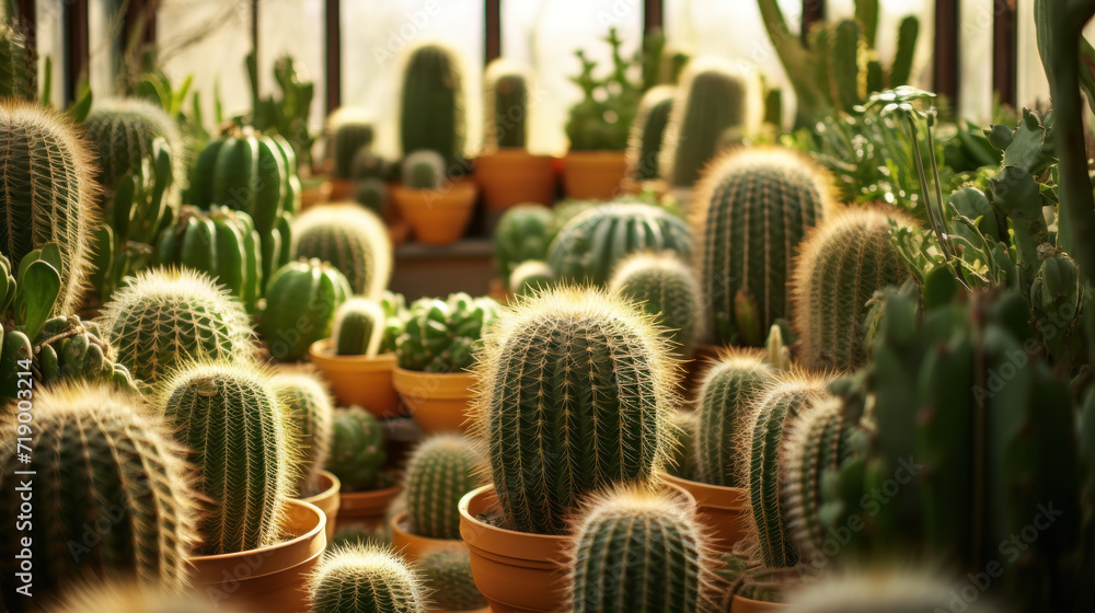 Fototapeta premium Verdant Collection of Spherical Cacti, a Symbol of Resilience and Adaptation, in a Serene Desert Greenhouse Environment