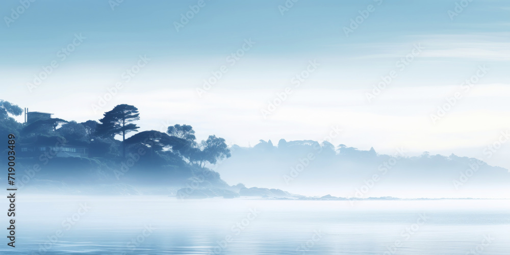 Fototapeta premium Serene ocean coastline with white mist. Tranquil landscape. Generative AI