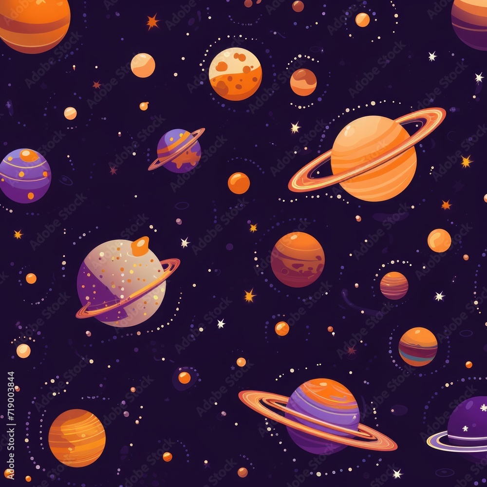 planets and sun on a purple background. the solar system and moon are in the pattern. hand drawn celestial pattern design.