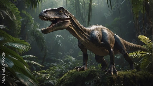A t-rex dinosaur on a tropical jungle forest from Generative AI © sevenSkies