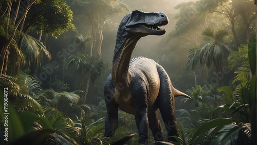 An Brachiosaurus dinosaur on a tropical jungle forest from Generative AI © sevenSkies