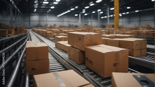 Cardboard package boxes on a conveyor belt within a sorting factory delivery warehouse from Generative AI © sevenSkies