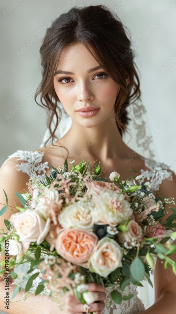 Naklejka premium bride with bouquet of flowers in hands