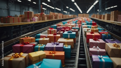 Colorful gift presents on a conveyor belt within a sorting factory delivery warehouse 8 from Generative AI