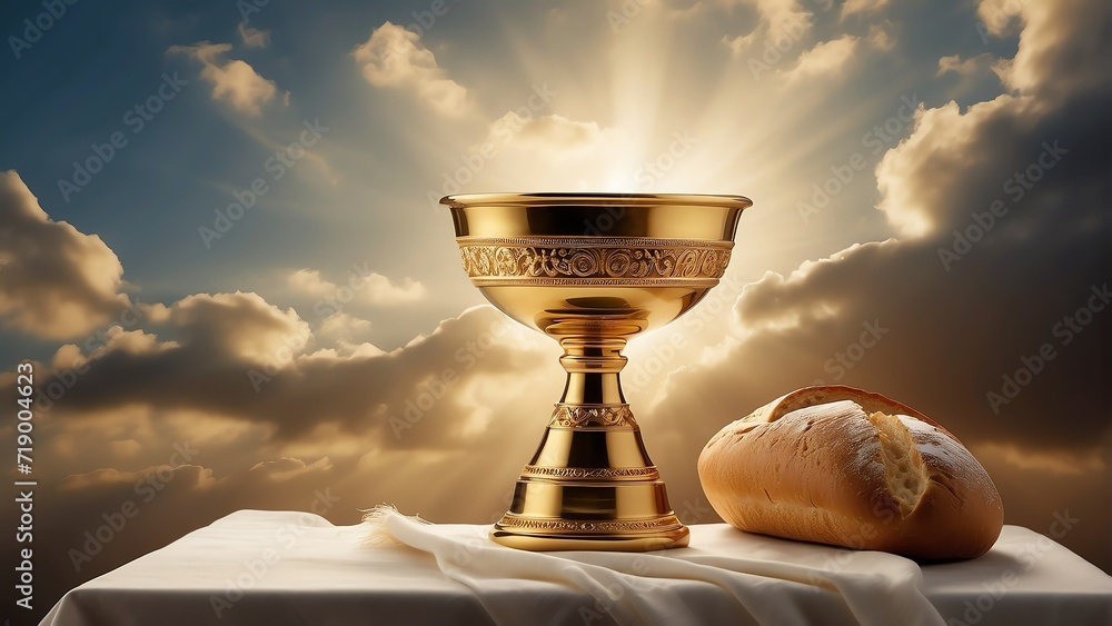 Golden chalice and a bread in heavenly background of clouds symbol of ...