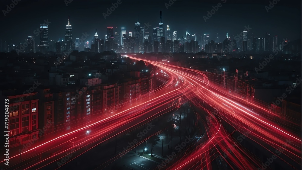 Nighttime cityscape with warp speed red neon lights motion with blurred lights from buildings from Generative AI