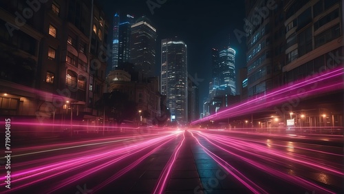 Nighttime cityscape with warp speed pink neon lights motion with blurred lights from buildings from Generative AI